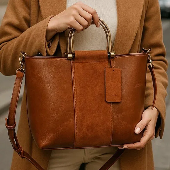 ๐ฅ Modern Suede + Faux Leather Convertible Tote Bag โ Rich Cognac Brown - Picture 3 of 14